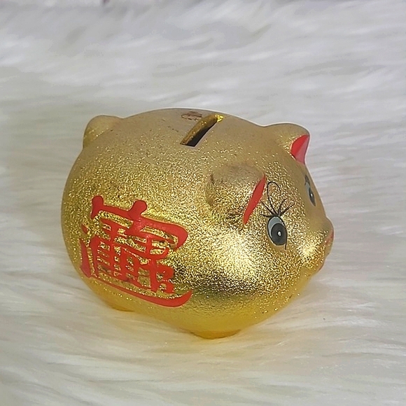 Vintage Chinese Piggy Bank Coin Bank Ceramic Gold Lucky Porcelain Fortune Pig - Picture 7 of 10
